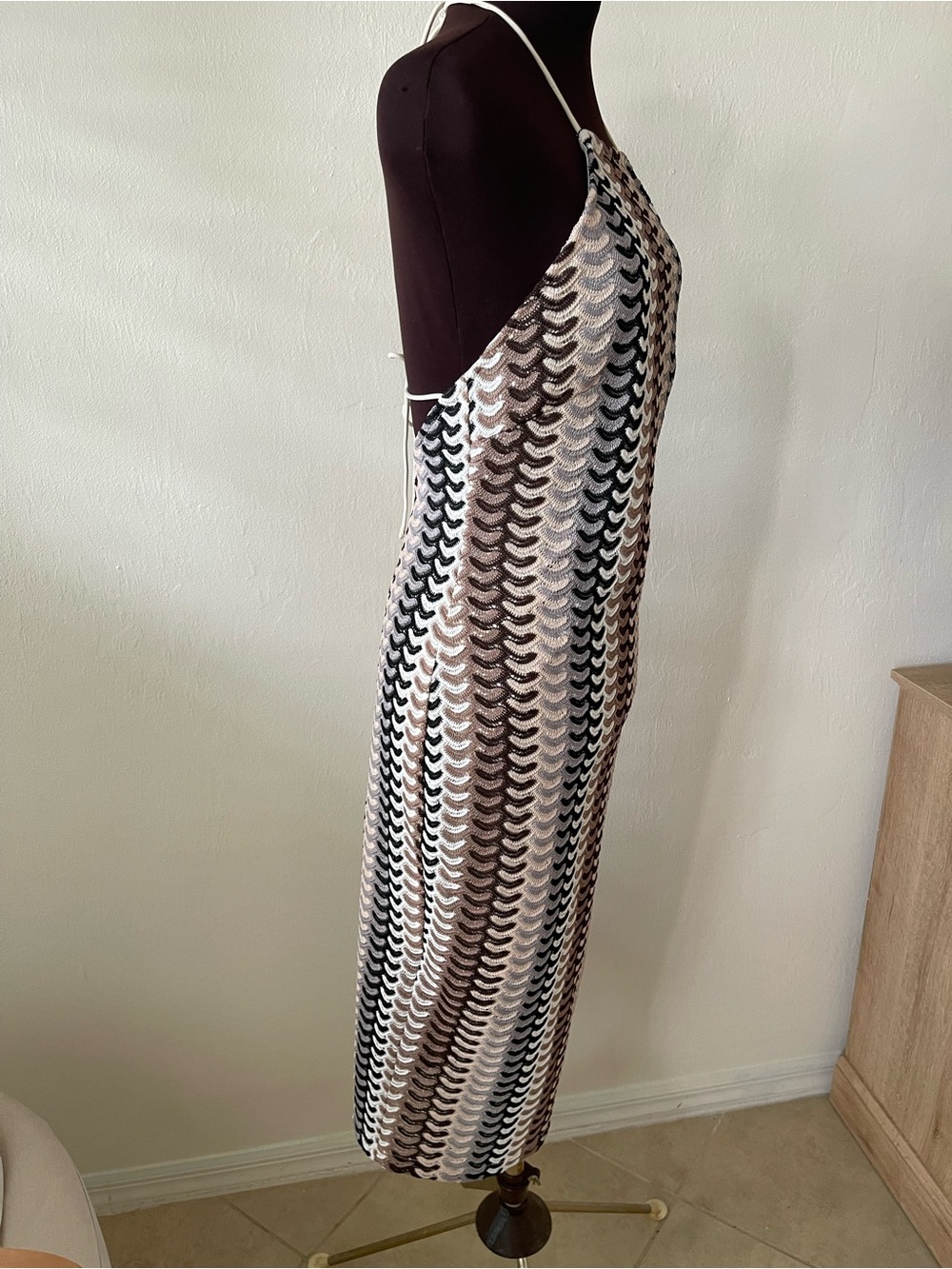 Cider Halter Knit Midi Dress in Black, Brown, Cream Stripes small open back - Picture 3 of 4